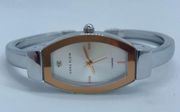 Anne Klein Diamond 19mm rose gold bezel silver tone dial cuff bracelet watch 7”