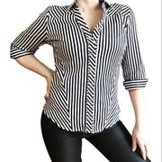 New York & Company Women's Medium Black White Top Striped Button Up Shirt