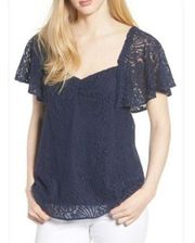 Hinge Blue Lace Flutter Sleeve Empire Blouse