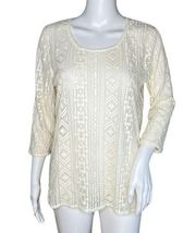 Eddie Bauer Shirt Women Large White Sheer Lace Top White Embroidered Mesh Blouse