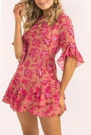 Sundae Muse Christy Mini Tiered Dress, Floral Pink on Nude, Size 8