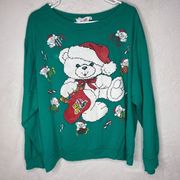 Vtg 90s Christmas Holiday Teddy Bear Teal Crew Neck Sweatshirt Size 2x Party