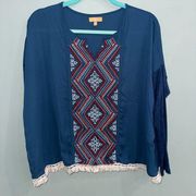 Takara women’s blue embroidered tassel hem detail blouse size medium