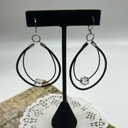 Swarovski Crystal Black Two Leather Cord Dangle Earrings-  Handmade NEW