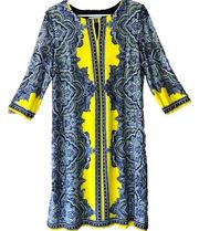 NWOT Sandra Darren Mod Yellow & Blue 3/4 Sleeve Shift Dress Size Large Boho