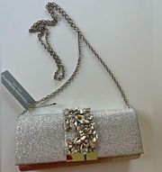 NWT SONDRA ROBERTS silver rhinestone glam mini clutch bag with chain formal