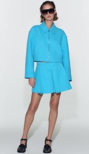 ZARA  Pleated Tweed Weave Textured Mini Skirt Skort Shorts Blue S NEW