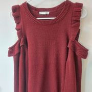 Love Riche Ruffled Wine Cold Shoulder Sweater Size L