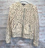 Neiman Marcus XS Moto Jacket ivory zip front faux leather trim pockets crochet