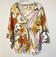 Rachel Zoe Top 100% Linen Knit Abstract Floral High Low Hem V-Neck Plus Size 1X