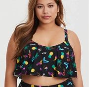 Torrid Flirt Swim Collection Black Neon lights Flounce Tropical Bikini Top