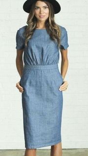 CLAD & CLOTH Chambray Button Down the Back Dress, Denim, SMALL