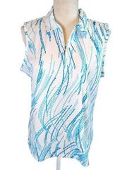 Shirt Top Blouse Women's Large Cool Flex Collared Sleeveless Blue White New