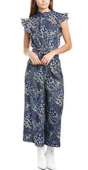 Rebecca Taylor Ava Silk Navy Blue Floral Print Crop Wide Leg Jumpsuit Size 2