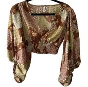 Live 4 Truth Patchwork Print Plunge V Neck Bubble Sleeves Smocked Waist Top S