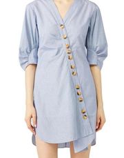 TIBI Stripe Blue White Asymmetrical Puff Sleeve Button Front Shirt Dress Size 4