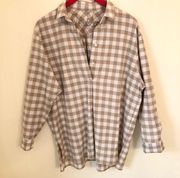 Crisp Cotton check 1/4 button up top long sleeve Blouse Shirt L