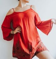 Boho Cold Shoulder Printed Dress Red