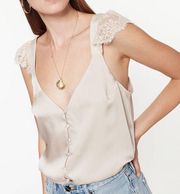 Cream Satin Button Down Tank Top with Lace Flutter Sleeves