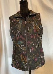 Christopher & Banks Black Fall Leaves Pattern Quilted Zipper Vest Size Medium
