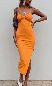 Morning Mist Orange Origami Ribbed Midi Cutout Dress With Slit Size US XS NWT