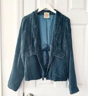 Chaser Teal Blue Mixed Texture Burnout Velvet Relaxed Open Dress Blazer Medium