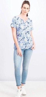 Karen Scott Printed Short-Sleeve Henley Light Blue Heather Floral V-Neck Buttons