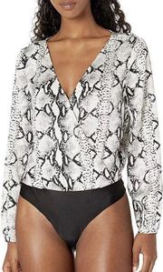 NWT BB Dakota Animal Print Satin Long Sleeve Cross Front Bodysuit Size Small