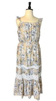 Rose Maxi Dress Tan White Floral Ruffle Shoulders Women’s Size 2X Plus