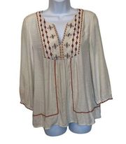 Current Air Anthropologie EUC Cream Orange Embroidered Semi Sheer Boho Top Sz S