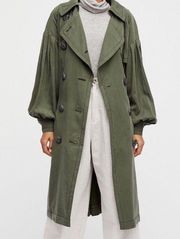 Double Breasted Longline Trench Coat Belted Size XS Army Gre…