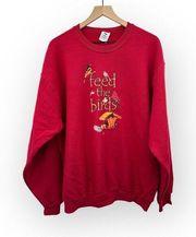 Vintage Jerzees Sweatshirt XL Red 'Feed the Birds' Graphic Print Unisex Pullover