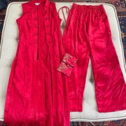 Vintage 80s Asian Chinese 3pc Outfit Duster Satin Pants Crossbody Purse M