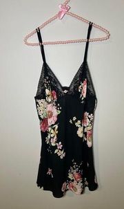 Oscar De La Renta Slip Dress Y2K Black Floral Nightgown Lingerie Vintage 90s