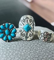 3 Piece Boho Turquoise Squash Blossom Desert Flower Ring Lot