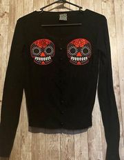 Hot Topic Too Fast Black Cardigan Sugar Skull Sweater Size Medium