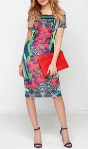 Jealous Tomato Tropical Print Bodycon Sheath Dress Red Blue Small Off Shoulder