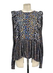 Anthropologie Bl-nk London Moira Ruffled Peplum Leopard Print Top Blue Size XL