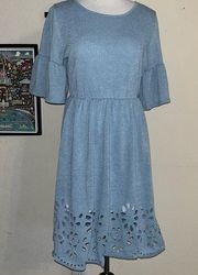 Egy blue dress with laser cut hemline, size Large, ruffle sleeves, lined bottom