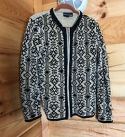 VINTAGE SOFT KNIT TAN AND BLACK AZTEC PRINT KNIT ZIP UP CARDIGAN