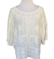 Democracy boho cotton gauze embroidered crochet white tunic blouse top M NWT