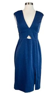 Women's Cocktail Dress Size 12 Blue Metallic Cutout Midi Sheath