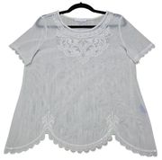 Peter Nygard Womens Size M White Mesh Silver Scalloped Art Deco Beaded Blouse