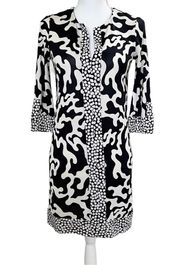 Diane von Furstenberg DVF Silk V Neck 3/4 Sleeve Shift Dress Black White Size 0