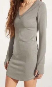 NWT BB Dakota Long Sleeve V-neck Ribbed Dress Olive Green Grey Small