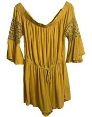 Blush Yellow Crochet Flutter Sleeve Off Shoulder Tie Waist Romper Women’s Sz XL