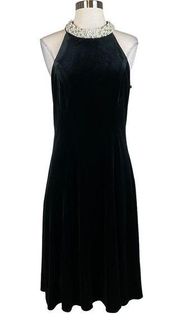 Women's Cocktail Dress Size 10 Black Velvet Beaded Fit and Flare