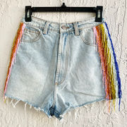 Farm Rio Follow The Sun Colorful Beaded High Waist Denim Short Blue Womens Small