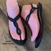 Lauren Ralph Lauren Sandals Womens 8 Braided TStrap Slingback Flats Black Shoes