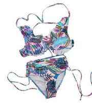 California Waves Neon Tropical Palm Leaf Coconut Girl Ruffel Bikini XS